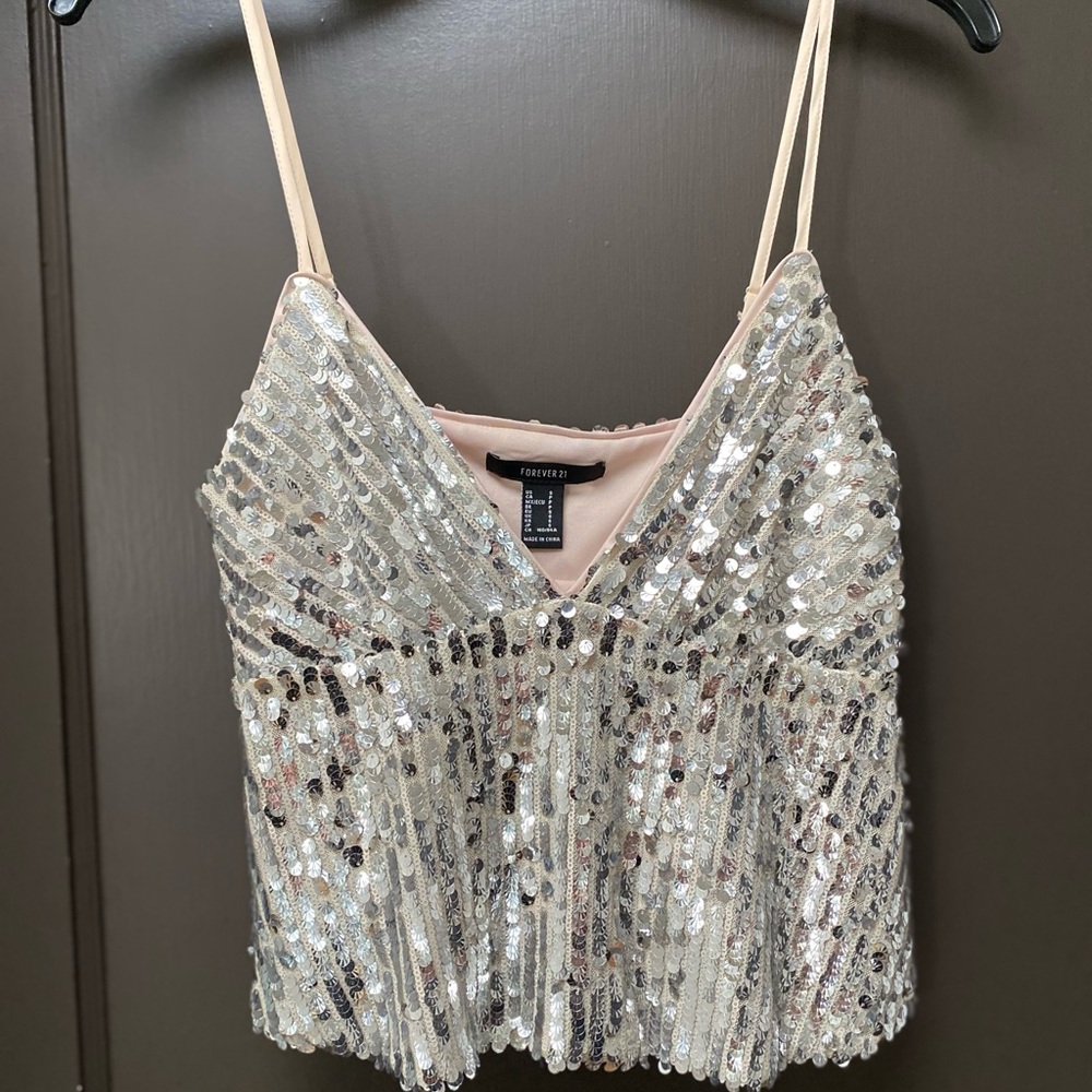 Sequin crop top sweetheart cami NYE cream rose